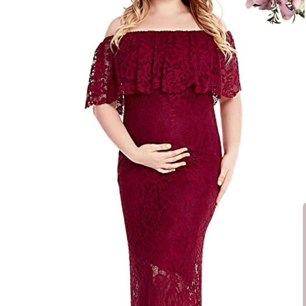 Deep red off shoulder maternity dress
